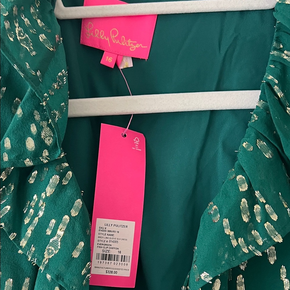 NWT - Lily Birdy Long Sleeve Silk Dress - Evergreen - Size 16 - Picture 5 of 10